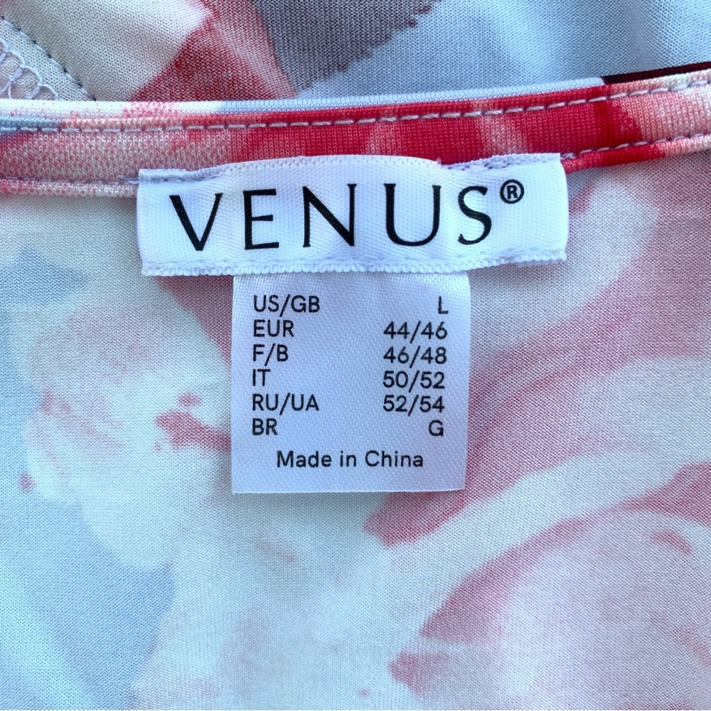 Venus Light Blue Pink and Red Floral Faux Wrap 3/4 Sleeve V-Neck Dress, Large - Picture 7 of 10